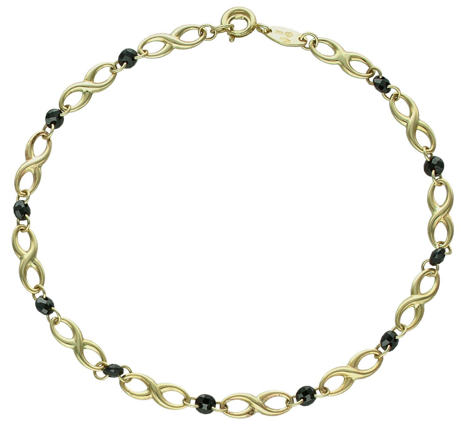 Złota bransoletka damska 375 nieskończoność z czarnymi koralikami BR 6827 375. Złota bransoletka damska. Złota bransoletka próby 375. Bransoletrka dla kobiety znak nieskończoności. Bransoletka damska złota na prezent (2).jpg